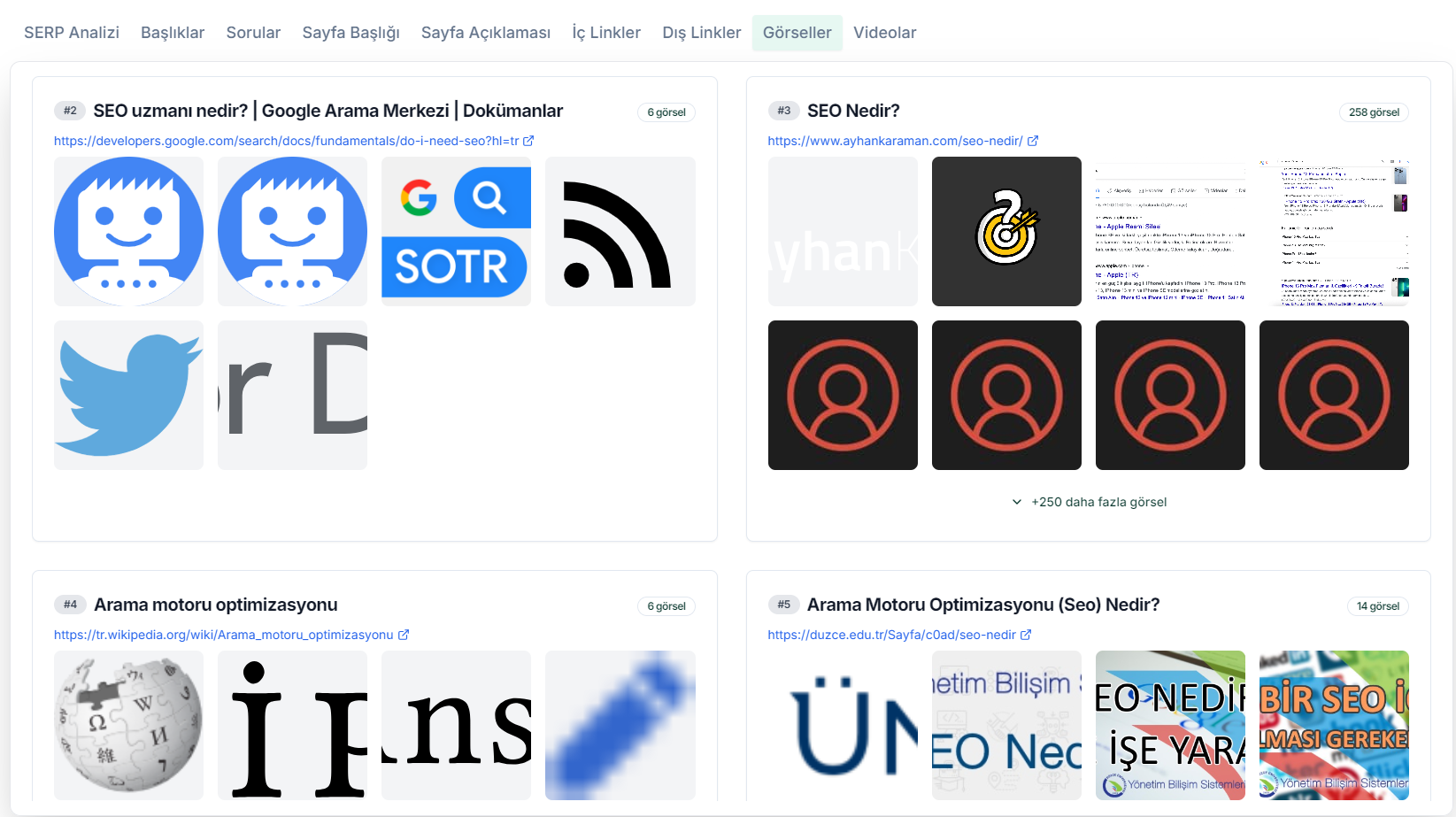 SERP websitelerinin kullandığı görsellerin listesi