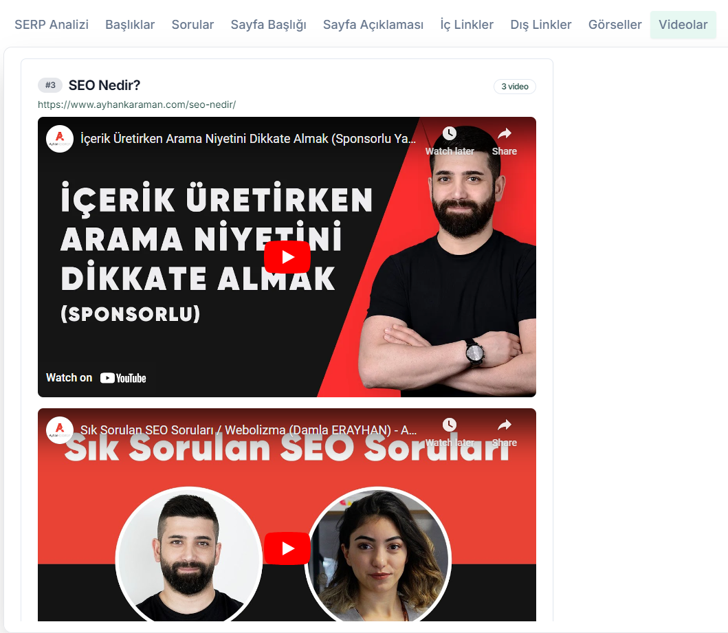 SERP websitelerinin yazılarındaki videoların listesi